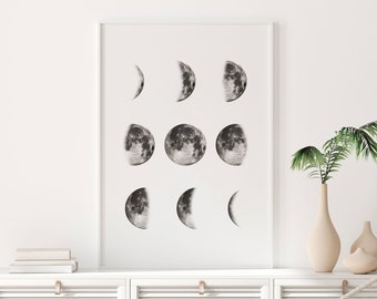 Moon Printable Art, Moon Phases Print, Moon Phase Wall Art, Moon Poster, Black And White Moon Art, Minimal Wall Art, Large Wall Art, Lune
