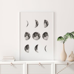 Moon Printable Art, Moon Phases Print, Moon Phase Wall Art, Moon Poster, Black And White Moon Art, Minimal Wall Art, Large Wall Art, Lune