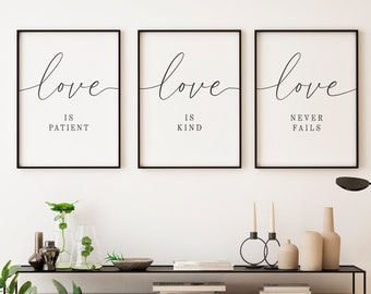 Love Is Patient, Love Is Kind, Love Never Fails, Christian Decor, Bible Verse Wall Art, 1 Corinthians 13, Above Bed Decor, Printable Set 3