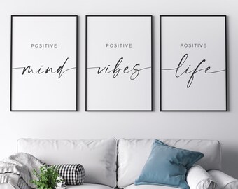 Conjunto de 3 impressões artísticas de vibrações de vida mental positiva - citações inspiradoras, decoração de parede digital, pôsteres motivacionais imprimíveis para casa e escritório