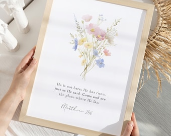 Matthew 28:6 Digital Print | He is Risen Printable Bible Verse | Christian Wall Art | Farmhouse Decor | | Faith Print | Religious Wall Art