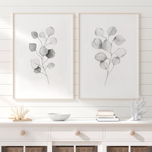 Set of 2 Botanical Prints, Eucalyptus Printable, Black and White Plant Watercolor, Minimalist Art Bedroom, Bedroom Wall Art Printable, leaf