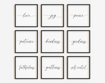 Fruit of the Spirit Wall Art, Bible Verse Print, Set of 9, Christian Wall Decor, Farmhouse Decor, Fruits of the Spirit Prints,Galatians 5 22
