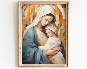 Virgin Mary with Baby Jesus Printable Art - Christian Wall Decor, Jesus Painting, Modern Farmhouse Wall Art, Digital Download