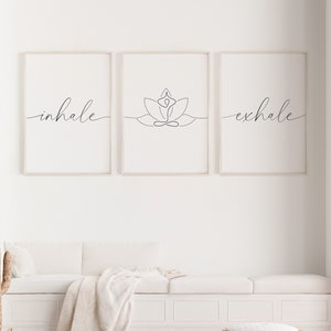 Andas in, Andas ut, Väggdekoration för yoga, Meditationstavlor, Väggdekoration för sovrum, Andas in, Andas ut-tavla, Yogaset med 3 tryck, Lotusblomma-tryck bild 2