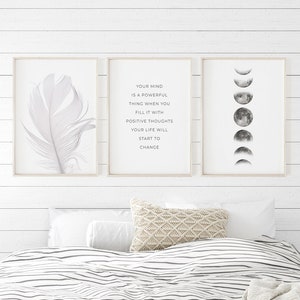 Bedroom Decor Above Bed, Set of 3 Wall Art, Moon Phase Print, Black and White Poster, Feather Print Wall Art, Above Bed Decor, Digital Print