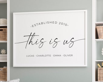 May include: A white framed print with black text that reads "Established 2010. This is us. Lucas, Charlotte, Emma, Oliver." The print is hanging on a light green wall above a white couch with beige pillows. There are white shelves with wicker baskets and decorative items on either side of the print.