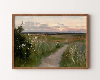 Peut inclure: Une peinture représentant un chemin de terre sinueux menant à travers un champ de fleurs sauvages vers une ville lointaine. Le ciel est d'un rose et d'un orange doux, suggérant un coucher de soleil.