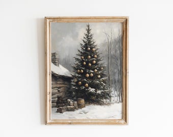 Vintage Rustic Winter Holiday Painting | Snowy Christmas Tree Wall Art | PRINTABLE DIGITAL DOWNLOAD
