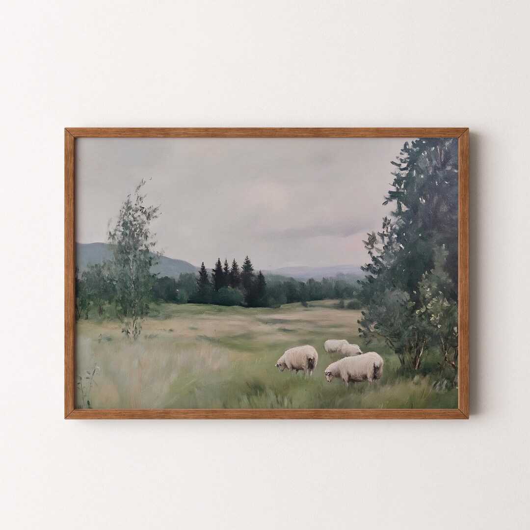 Vintage Sheep Grazing Landscape Painting | Muted Neutral Nature Wall ...