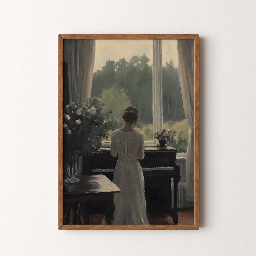 Vintage Woman at Piano Painting | Moody Interior Scene With Piano ...