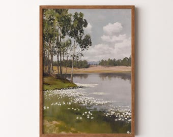 ヴィンテージ 春の湖の風景画 | ニュートラルな野生の花の森の風景の壁アート 印刷可能なデジタルダウンロード | VI208