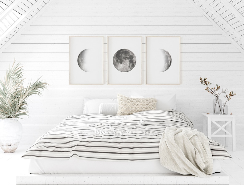 Set of 3 Moon Prints Wall Art Above Bed Art Minimalist Moon - Etsy