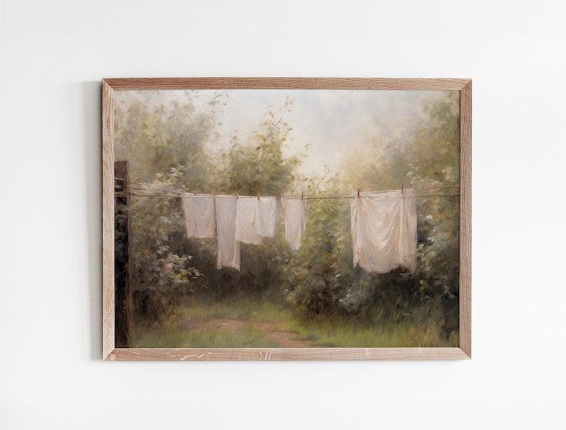 May include: A painting of a clothesline with white linens hanging in a lush green forest setting. The sun shines through the trees, casting a warm glow on the scene.