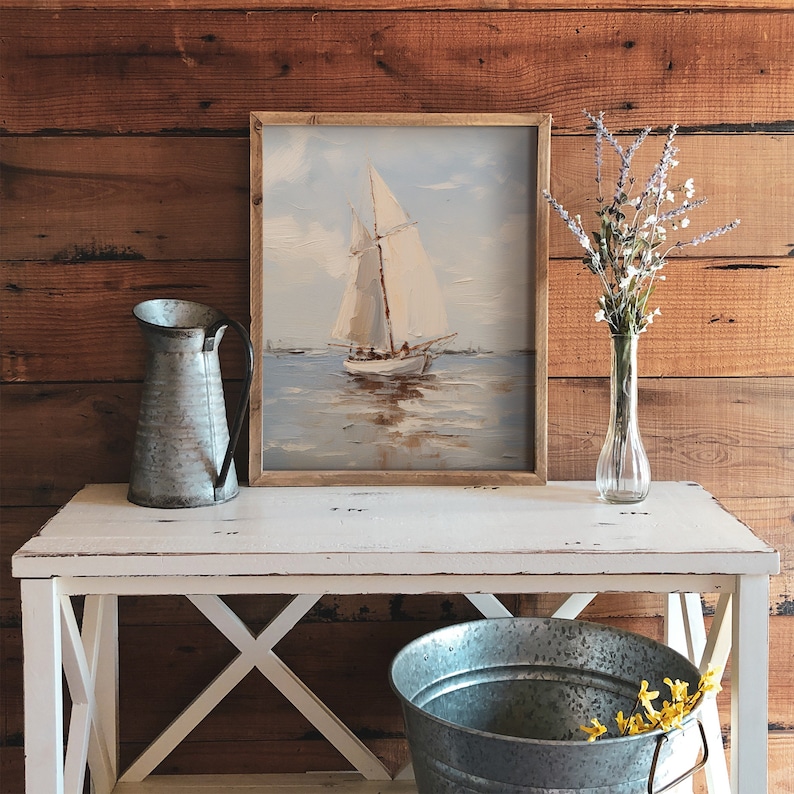 Muted Sailboat Print Vintage Nautical Painting Oil painting Sign Neutral Seascape Print PRINTABLE WALL ART image 4