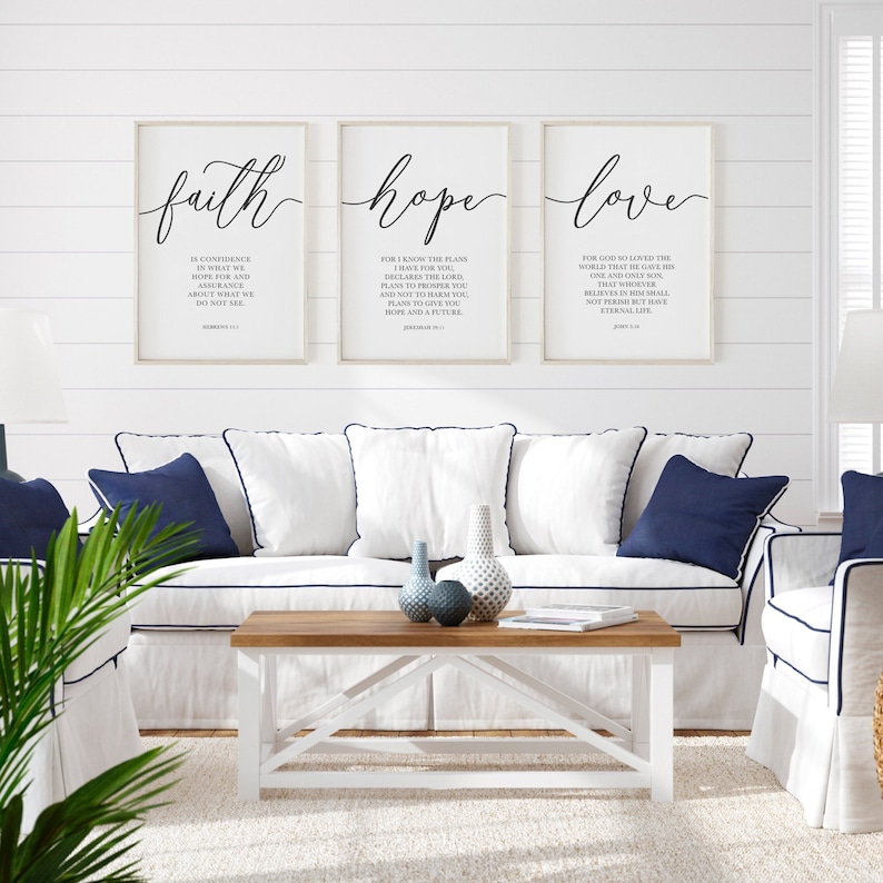 Faith Hope Love, Christian Wall Art, Bible Verse Print, Set of 3 Printable Art, Christian Wall Decor, Farmhouse Decor, Bedroom Wall Decor image 1