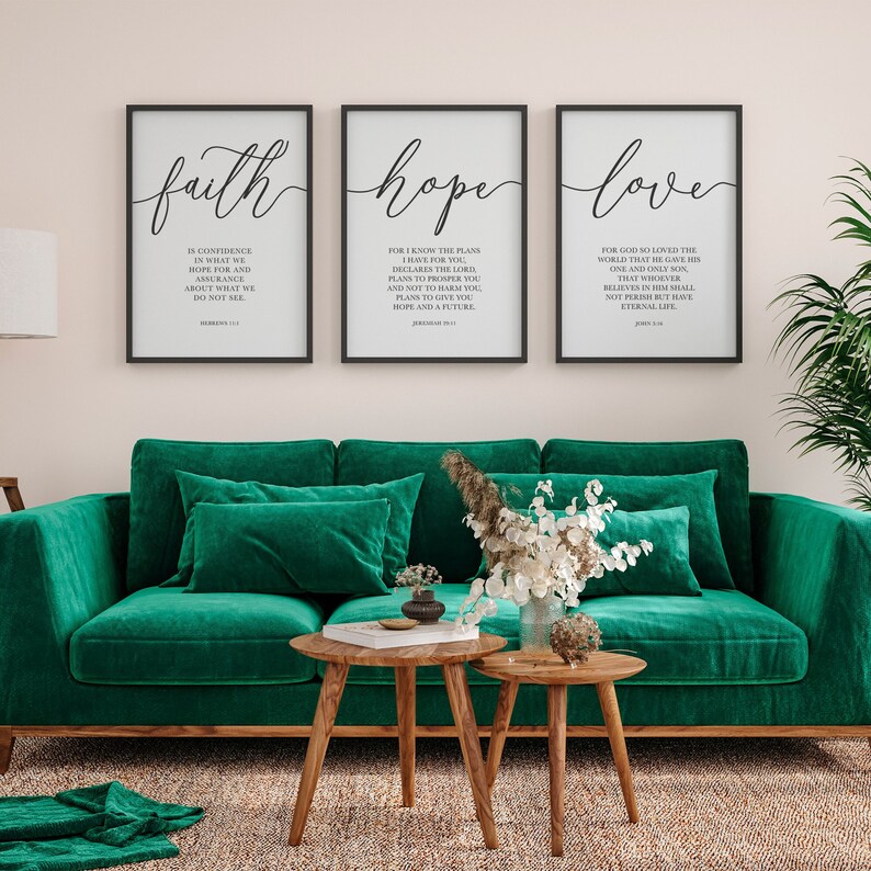 Faith Hope Love, Christian Wall Art, Bible Verse Print, Set of 3 Printable Art, Christian Wall Decor, Farmhouse Decor, Bedroom Wall Decor image 3
