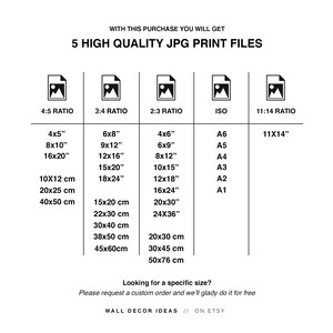 Puede incluir: Un gr&aacute;fico que muestra diferentes proporciones para impresiones digitales, incluyendo 4:5, 3:4, 2:3, ISO y 11:14. El gr&aacute;fico enumera los tama&ntilde;os de impresi&oacute;n correspondientes en pulgadas y cent&iacute;metros, as&iacute; como los tama&ntilde;os de papel est&aacute;ndar como A6, A5, A4, A3, A2 y A1. El texto "&iquest;Buscas un tama&ntilde;o espec&iacute;fico?" est&aacute; en la parte inferior del gr&aacute;fico, seguido de "Por favor, solicita un pedido personalizado y con gusto lo haremos por ti."