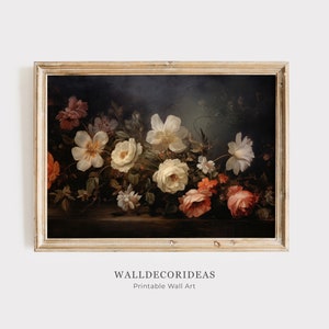 Moody Vintage Flower Print / Pintura al óleo de bodegones florales oscuros / Pintura al óleo botánica antigua / ARTE DE PARED IMPRIMIBLE