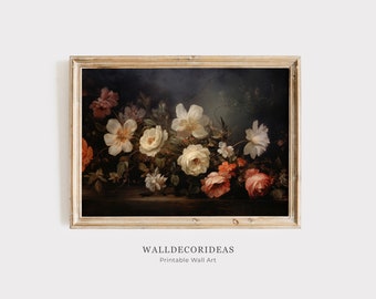Moody Vintage Flower Print | Dark Floral Still Life Oil Painting | Antique Botanical Oil Painting | PRINTABLE WALL ART