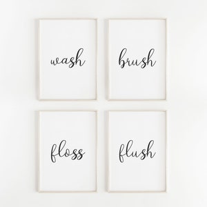 Bathroom Art Print,  Wash Brush Floss Flush Print, Bathroom Sign, Set of 4 prints, Bathroom printable, Bathroom Prints, Bathroom Wall Art