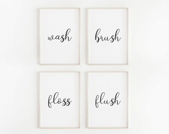 Bathroom Art Print,  Wash Brush Floss Flush Print, Bathroom Sign, Set of 4 prints, Bathroom printable, Bathroom Prints, Bathroom Wall Art