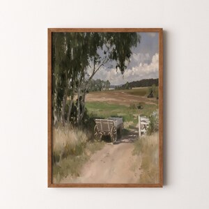 古いカートのある田舎の風景画 | 緑の田舎道のアート 印刷可能なデジタルダウンロード | VI324
