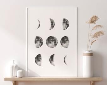 May include: A black and white print of the moon in different phases, framed in a white frame and hanging on a white wall above a wooden shelf.