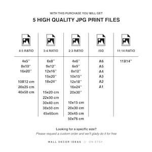 May include: A chart showing different print sizes and ratios for digital downloads. The chart includes measurements in inches and centimeters. The text reads "With this purchase you will get 5 high quality JPG print files".