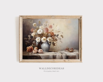 Neutral Still Life Flowers Painting | Vintage Botanical Print | Farmhouse Decor Digital | Rustic Painting | PRINTABLE WALL ART