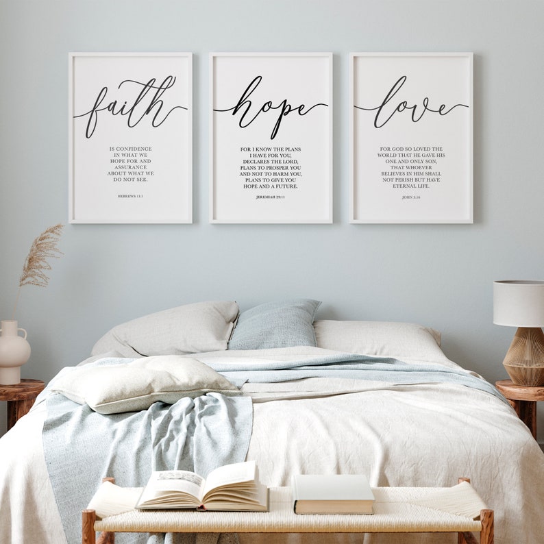 Faith Hope Love Bible Verse Wall Art Set of 3 Prints, Scripture Quote ...
