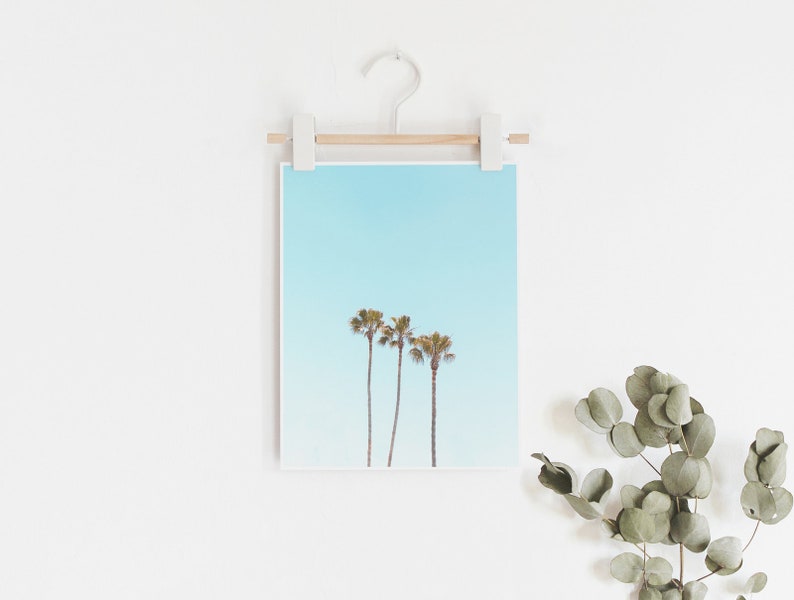 May include: A framed print of three palm trees against a blue sky. The print is hanging on a white wall with a wooden hanger. A sprig of eucalyptus leaves is in the bottom right corner of the image.