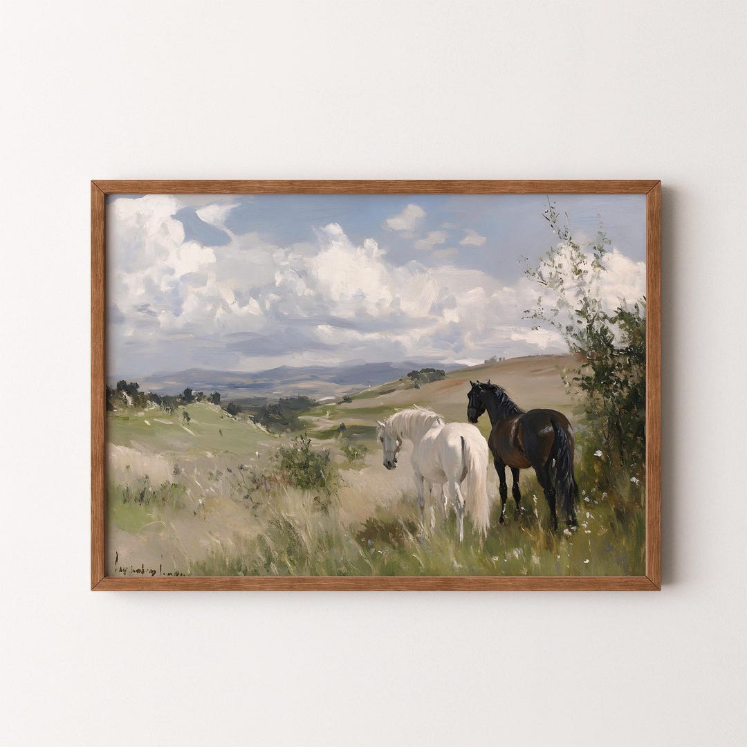 Vintage Horses in Landscape Painting | Rustic White and Black Horse ...