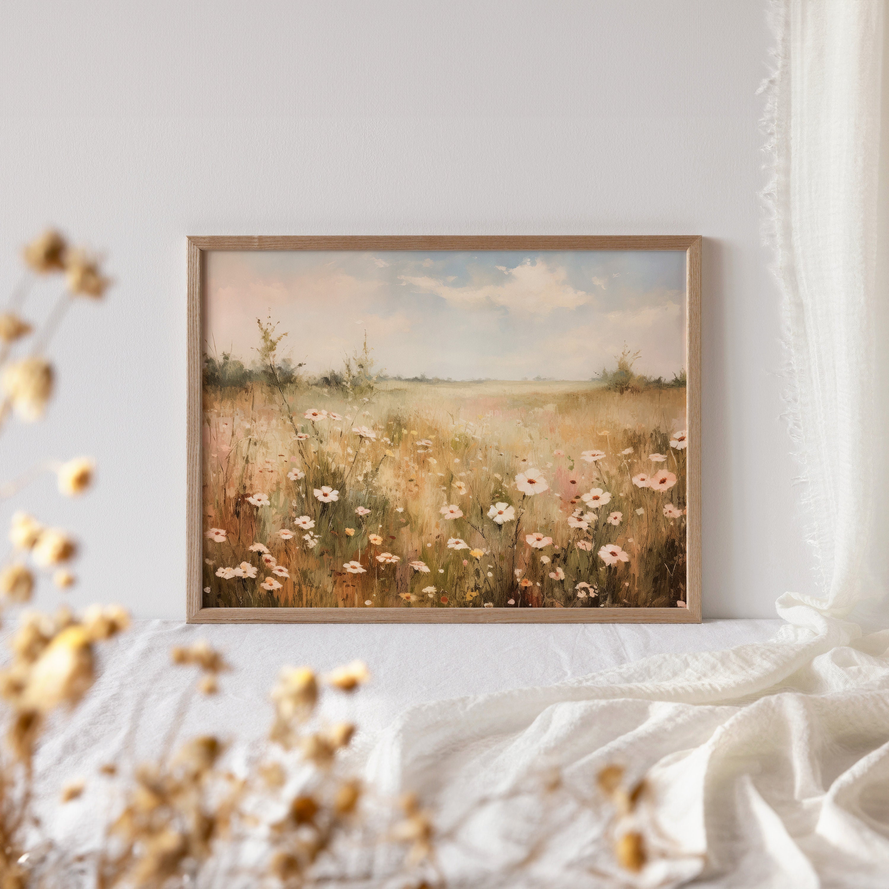 Wildflower Field Landscape Print | Vintage Art Print | Farmhouse Wall ...
