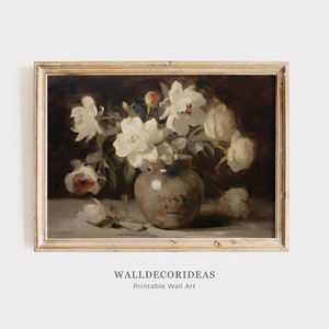 Neutrale Blumen Malerei | Vintage Pfingstrosen Print | Antike botanische rustikale Wanddekoration | DRUCKBARE WANDKUNST