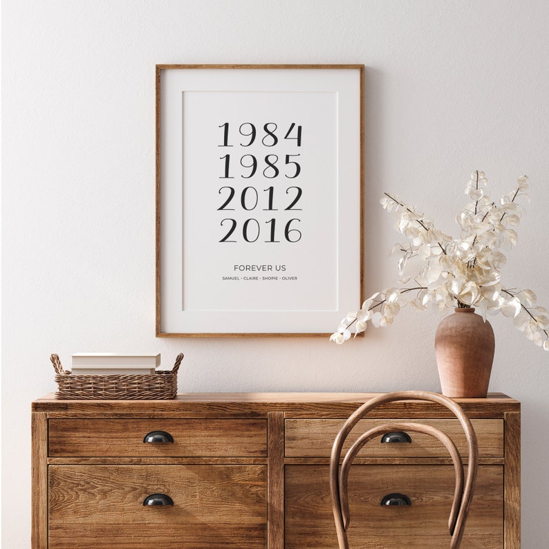 May include: A framed print with black text on a white background. The text reads "1984, 1985, 2012, 2016, Forever Us, Samuel, Claire, Shore, Oliver". The print is hanging on a white wall above a wooden dresser.