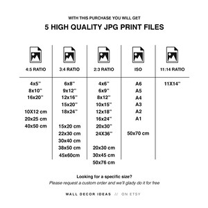 Peut inclure: Un tableau montrant diff&eacute;rents rapports d'aspect pour les impressions num&eacute;riques, notamment 4:5, 3:4, 2:3, ISO et 11:14. Le tableau r&eacute;pertorie les tailles d'impression courantes en pouces et en centim&egrave;tres, ainsi que les formats de papier standard comme A6, A5, A4, A3, A2 et A1. Le texte en bas indique "Vous recherchez une taille sp&eacute;cifique ? Veuillez demander une commande personnalis&eacute;e et nous nous ferons un plaisir de la r&eacute;aliser pour vous. Id&eacute;es de d&eacute;coration murale // Sur Etsy."