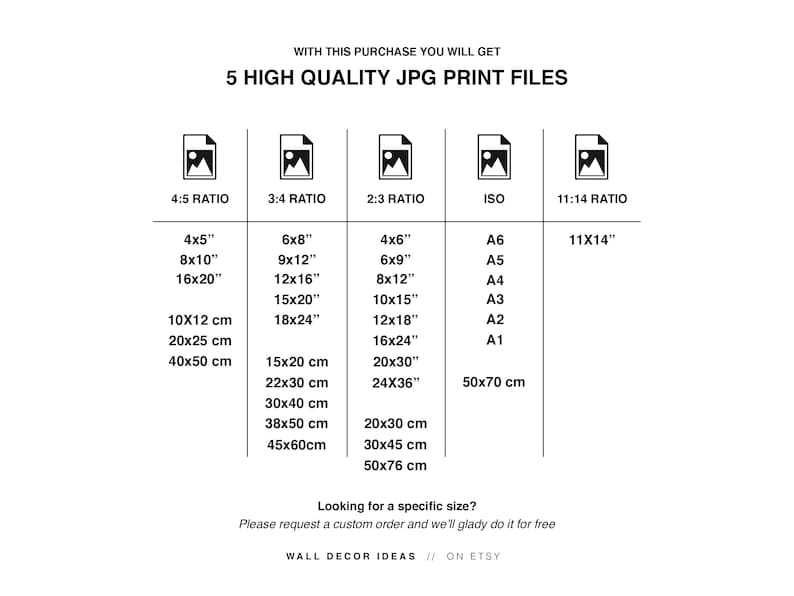Peut inclure: Un tableau montrant diff&eacute;rents rapports d'aspect pour les impressions num&eacute;riques, notamment 4:5, 3:4, 2:3, ISO et 11:14. Le tableau r&eacute;pertorie les tailles d'impression courantes en pouces et en centim&egrave;tres, ainsi que les formats de papier standard comme A6, A5, A4, A3, A2 et A1. Le texte en bas indique "Vous recherchez une taille sp&eacute;cifique ? Veuillez demander une commande personnalis&eacute;e et nous nous ferons un plaisir de la r&eacute;aliser pour vous. Id&eacute;es de d&eacute;coration murale // Sur Etsy."