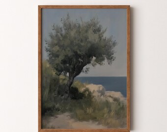Vintage Coastal Tree Landscape Painting | Muted Neutral Seascape Wall Art PRINTABLE Digital Download | VI215