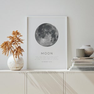 Op de afbeelding: Een zwart-witte print van de maan met de tekst "MOON" en een citaat van Neil Armstrong: "Here men from the planet Earth first set foot upon the moon. We came in peace for all mankind."  Neil Armstrong, juli 1969.