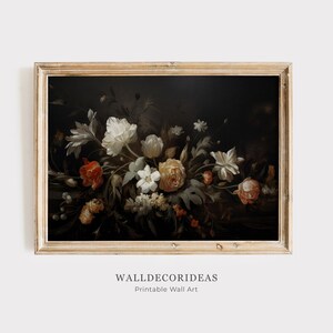 Moody Vintage Flower Print / Pintura al óleo de bodegones florales oscuros / Pintura al óleo botánica antigua / ARTE DE PARED IMPRIMIBLE