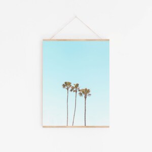 May include: A framed print of three palm trees against a light blue sky.
