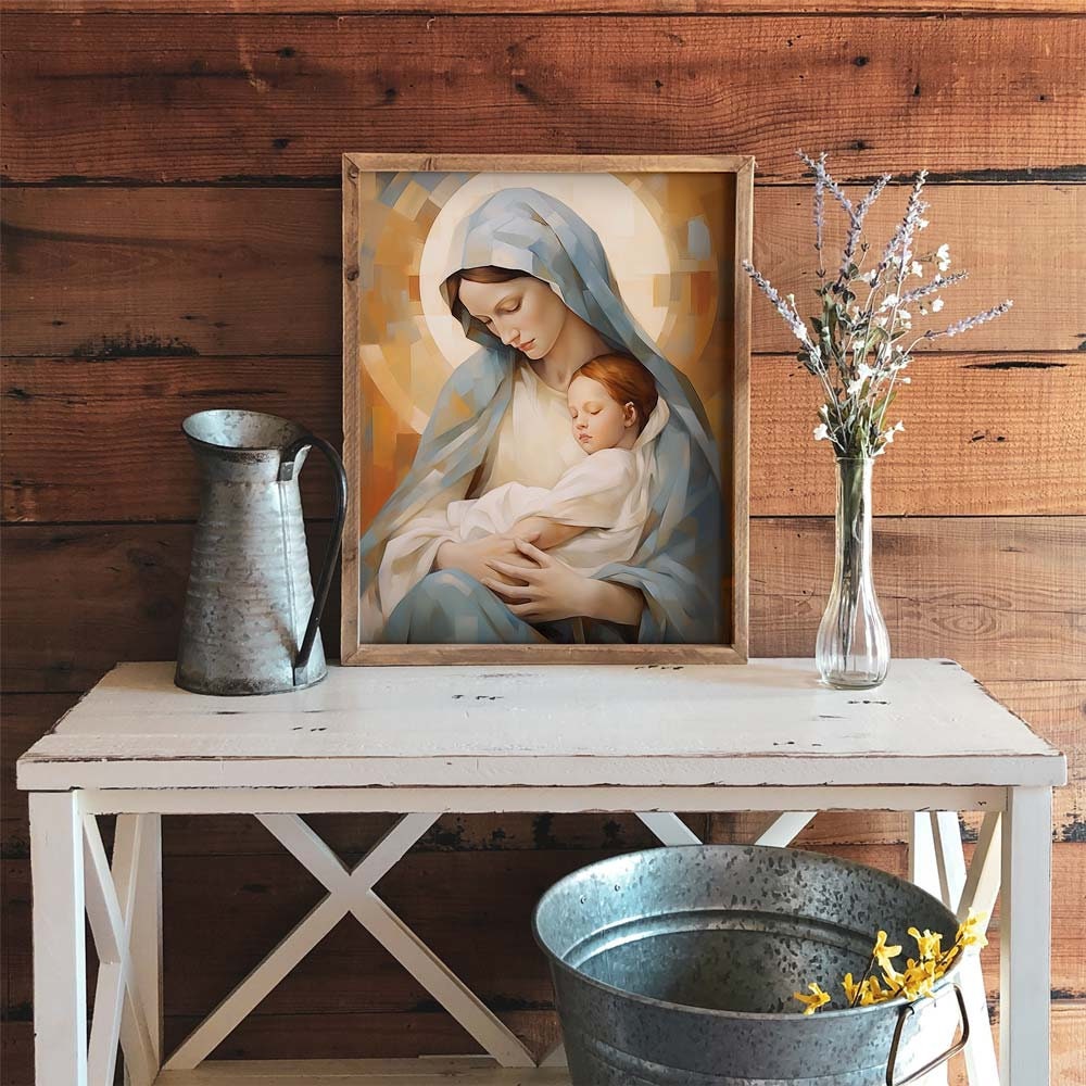 聖母マリアと幼子イエスの印刷可能なアート - モダンとファームハウス