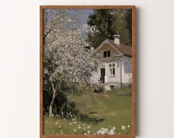 Rustic Spring Blossom House Painting | Serene Garden Cottage Scene PRINTABLE Digital Download | VI380