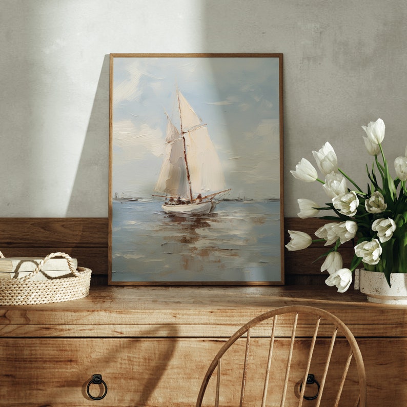 Muted Sailboat Print Vintage Nautical Painting Oil painting Sign Neutral Seascape Print PRINTABLE WALL ART image 2