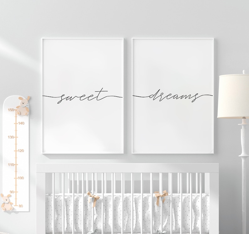 Sweet Dreams Sign, Womens Bedroom Art, Set of 2 Prints, Above Bed Art, Bedroom Wall Art, Calligraphy Printable, Above Crib Decor image 2