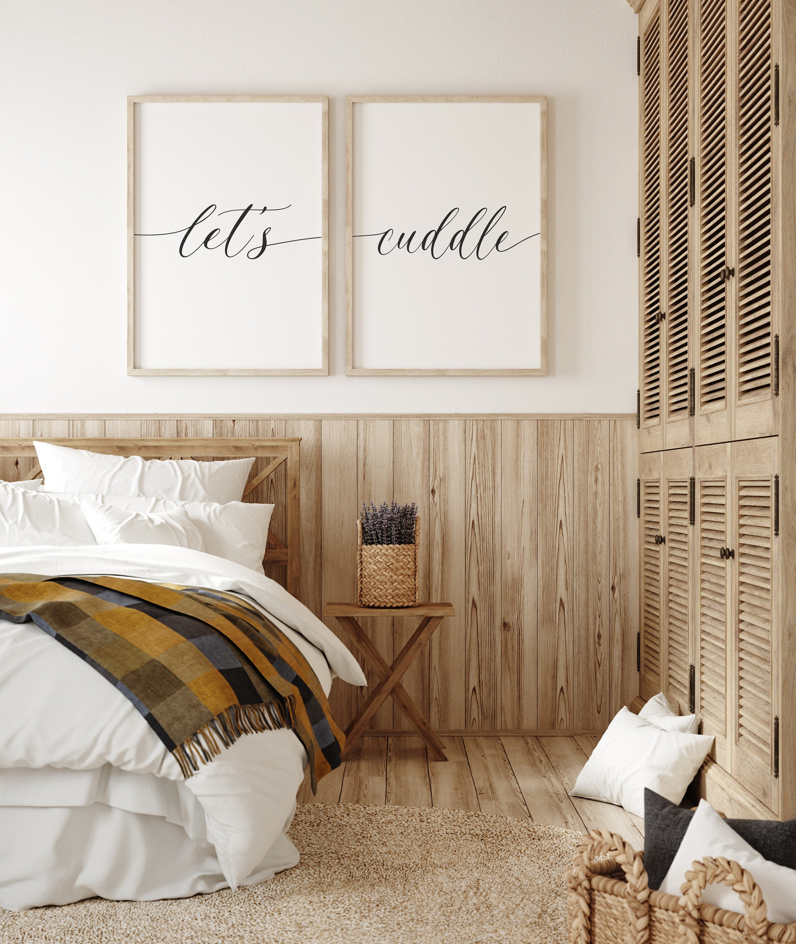 Stampe Let's Snuggle, set di 2 stampe sopra il letto, decorazioni da parete per la camera da letto degli sposi novelli, poster minimalisti romantici, stampe per la camera da letto principale