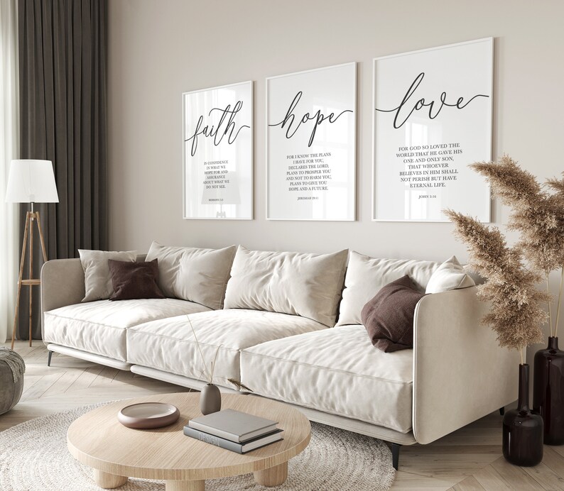 Faith Hope Love, Christian Wall Art, Bible Verse Print, Set of 3 Printable Art, Christian Wall Decor, Farmhouse Decor, Bedroom Wall Decor image 2