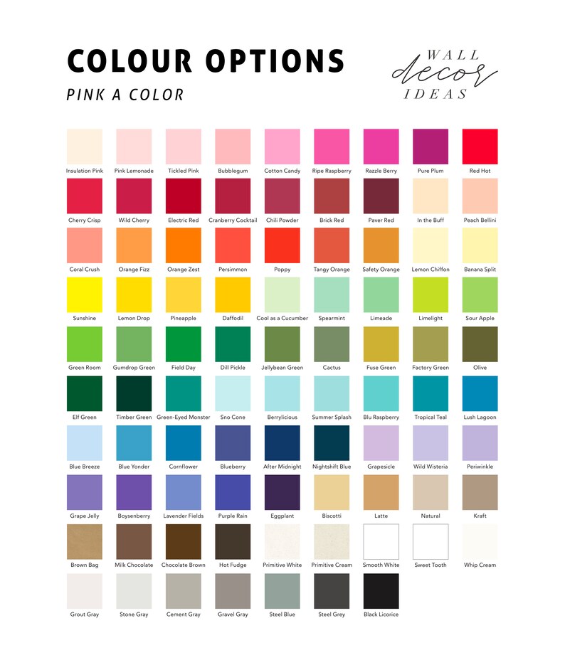 Pu&ograve; includere: Una cartella di 100 campioni di colore con i nomi per ogni colore. La cartella &egrave; intitolata "COLOUR OPTIONS" e "PINK A COLOR". La cartella &egrave; anche intitolata "WALL decor IDEAS".