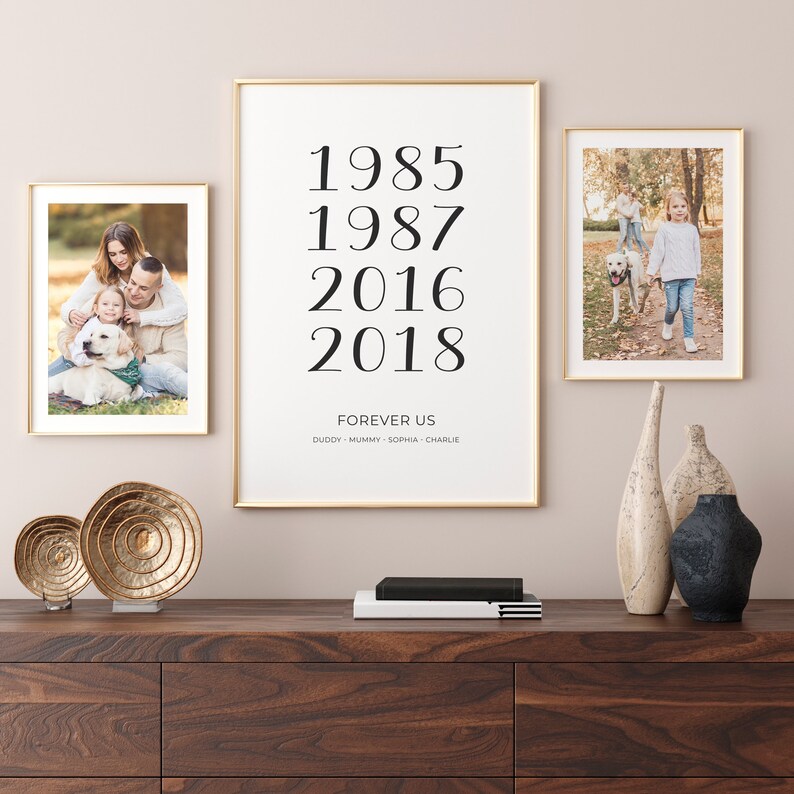 May include: A gold framed print with black text that reads "1985, 1987, 2016, 2018, FOREVER US, DUDDY -  MUMMY - SOPHIA - CHARLIE". There are two framed photos of a family with a dog in a park setting.